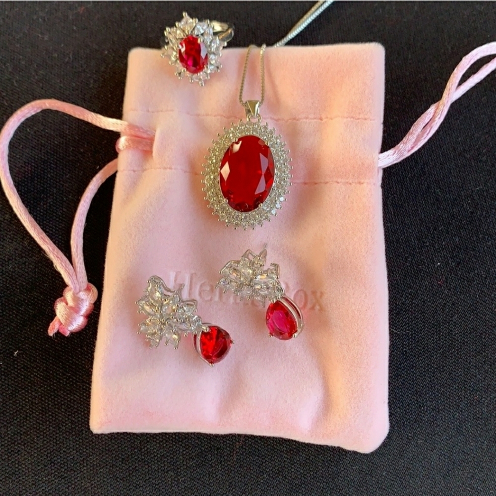 Red And White Zircon Earrings, Necklace And Ring NWOT